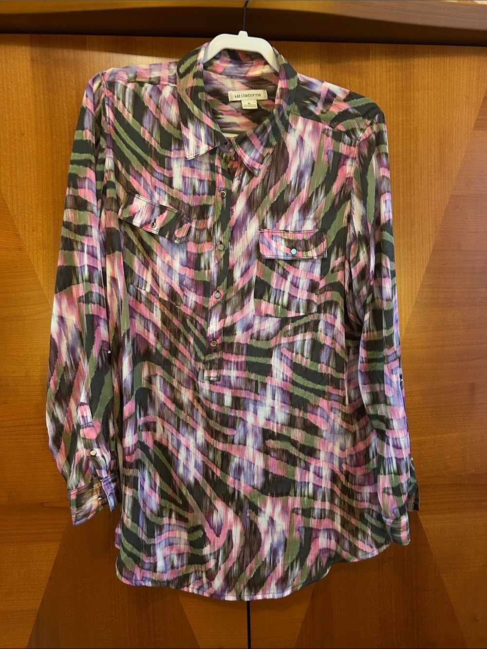 Liz Claiborne Pink, Green & Purple Abstract Button-Front Blouse